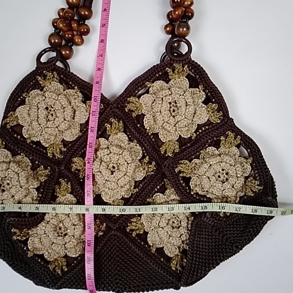 VTG, Crochet Style Retro Handmade Floral Handbag And Shoulder Bag Brown And Gold - Picture 12 of 14